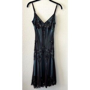 Vintage Papell Boutique Midi Y2K Mermaid Silk Asymmetrical Beaded Dress Size 8P